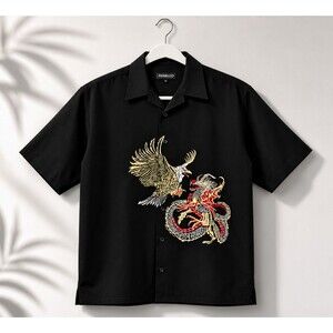 Vintage Perruzo Embroidered Shirt Eagle Dragon Black Men's Medium Asian Y2K Soft